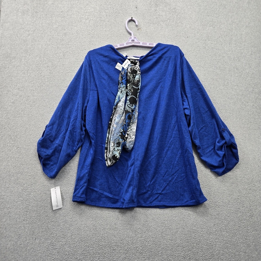 Notations Women Sweater 3X Blue Scarf Roll Tab Sleeve Round Neck Pullover NWT